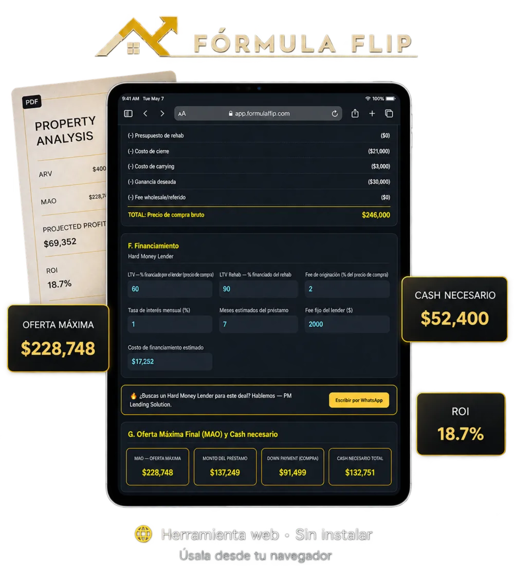 Fórmula Flip: calculadora de fix & flip mostrando MAO, cash necesario y ROI, con reporte PDF de análisis de propiedad